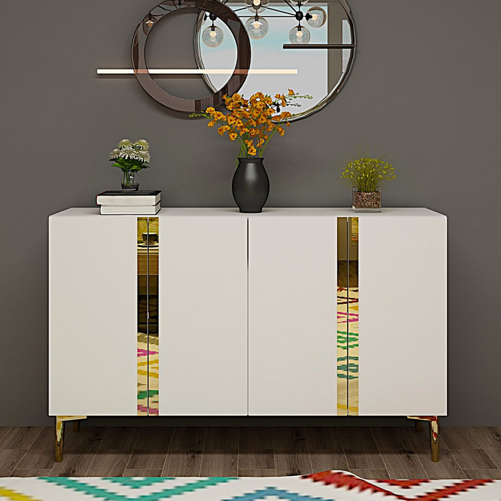 Anka Wooden Sideboard with 4 Doors in White and Gold