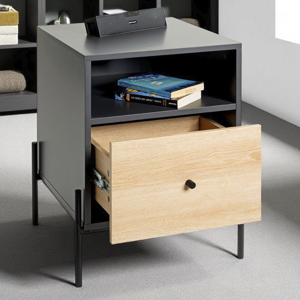 Anniston Wooden Bedside Cabinet With 1 Drawer In Anthracite Oak