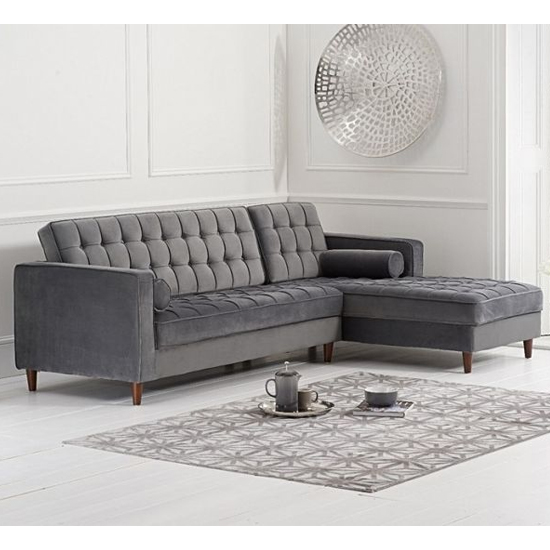 Ex display brema grey velvet 3 seater chaise corner sofa with gold