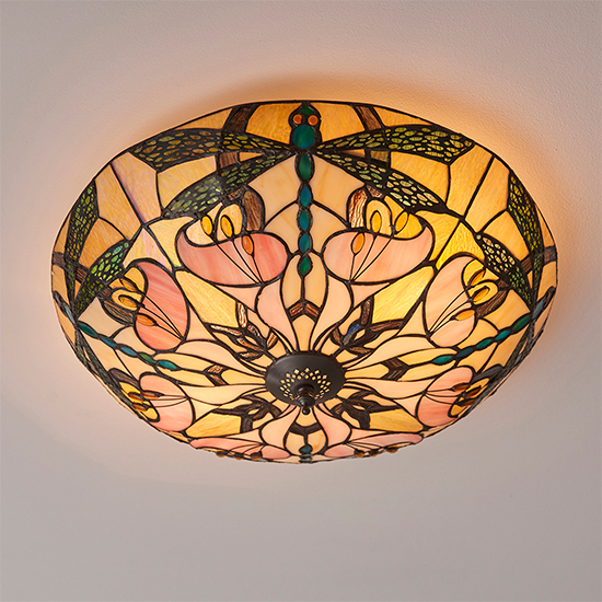 Anqing Large Tiffany Glass Flush Ceiling Light In Dark Bronze