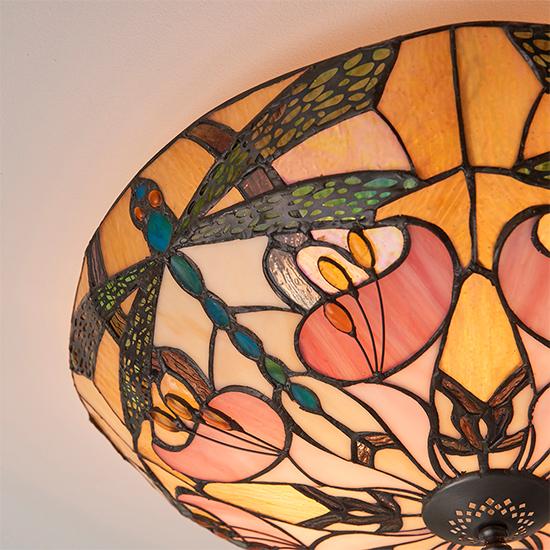 Anqing Large Tiffany Glass Flush Ceiling Light In Dark Bronze