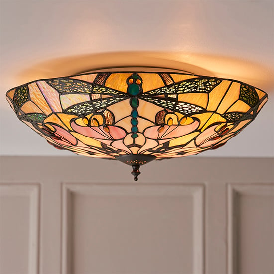 Photo of Anqing large tiffany glass flush ceiling light in dark bronze