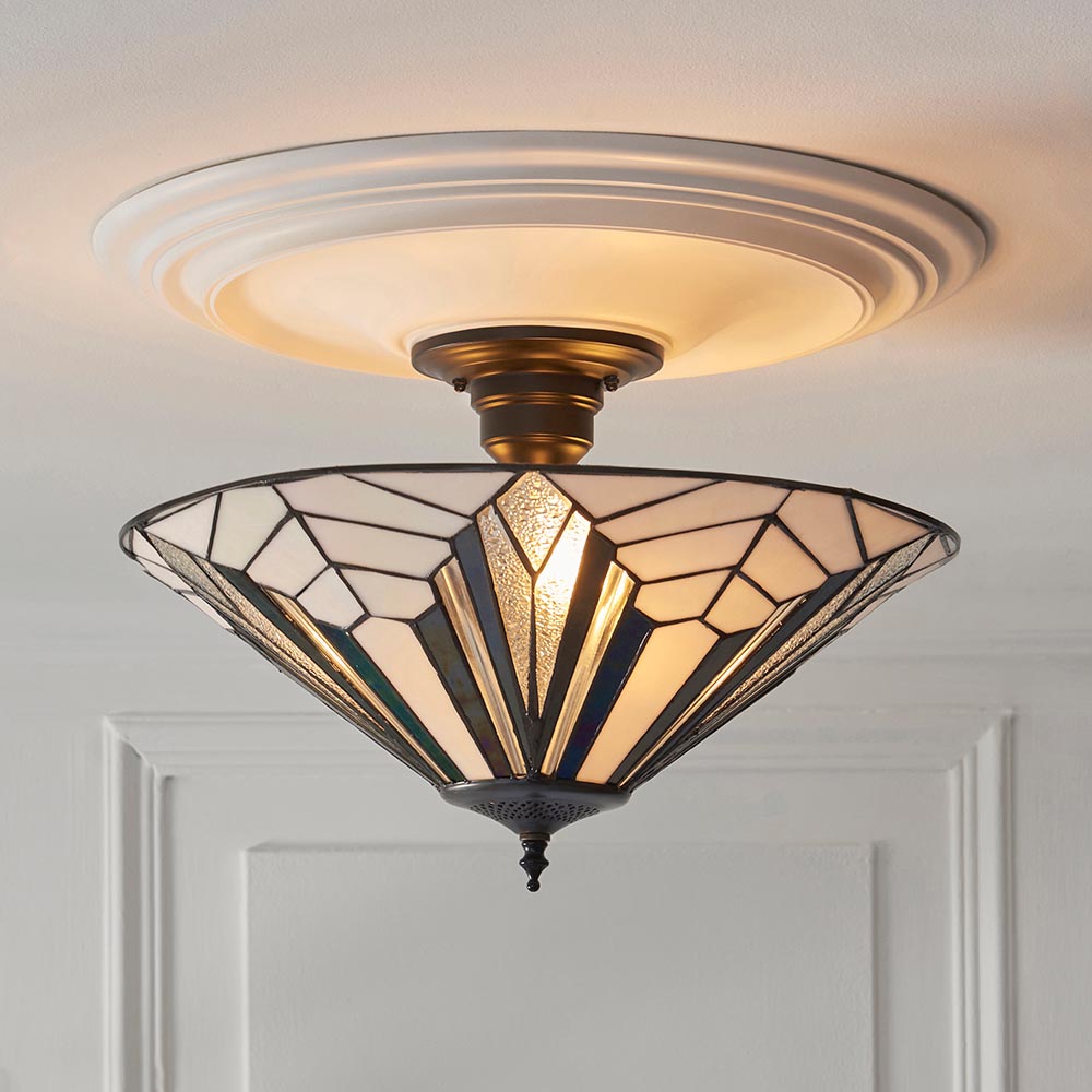Anqing Tiffany Glass Semi-Flush Ceiling Light In Satin Black