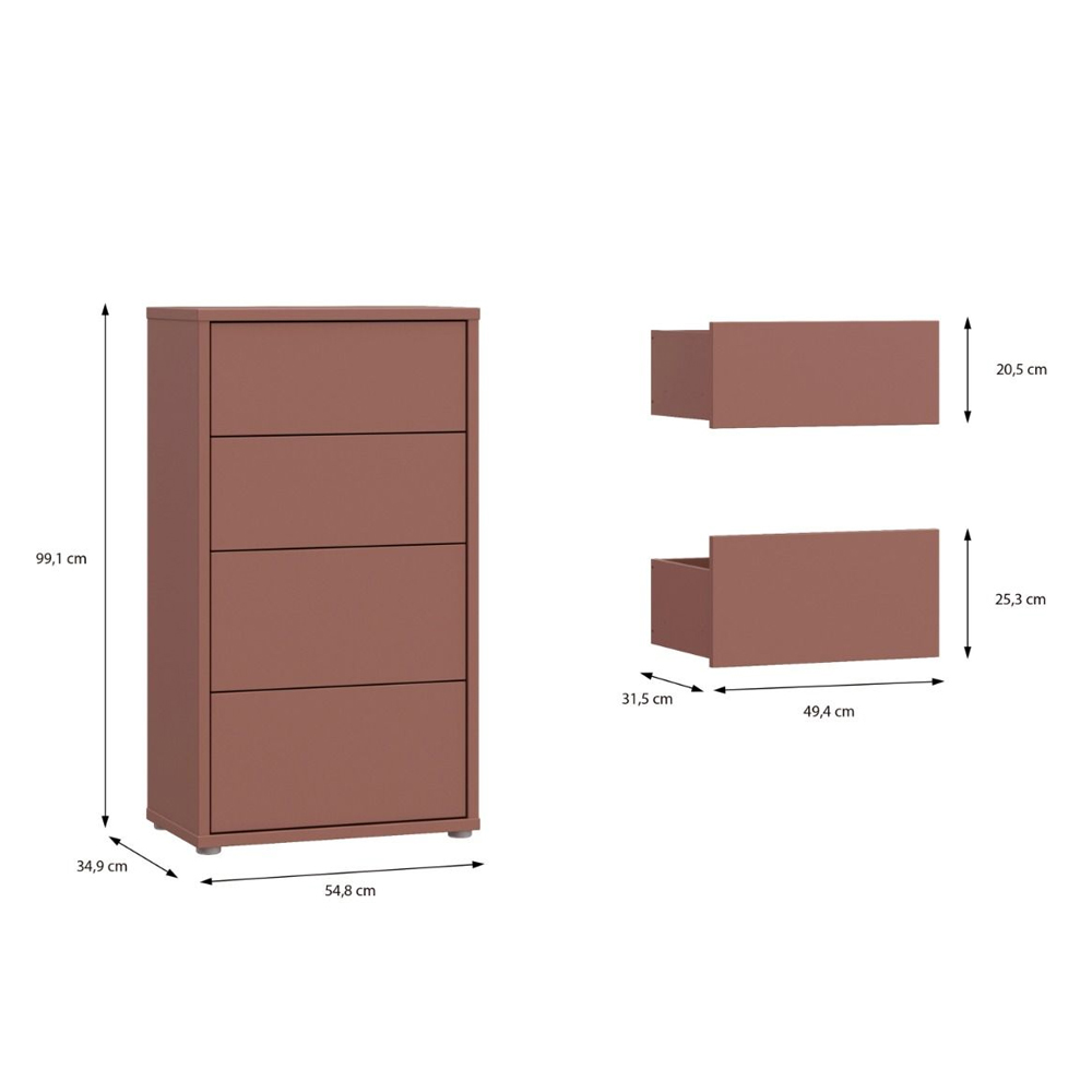 Ansley Tall Wooden Chest Of 4 Drawers in Terracotta