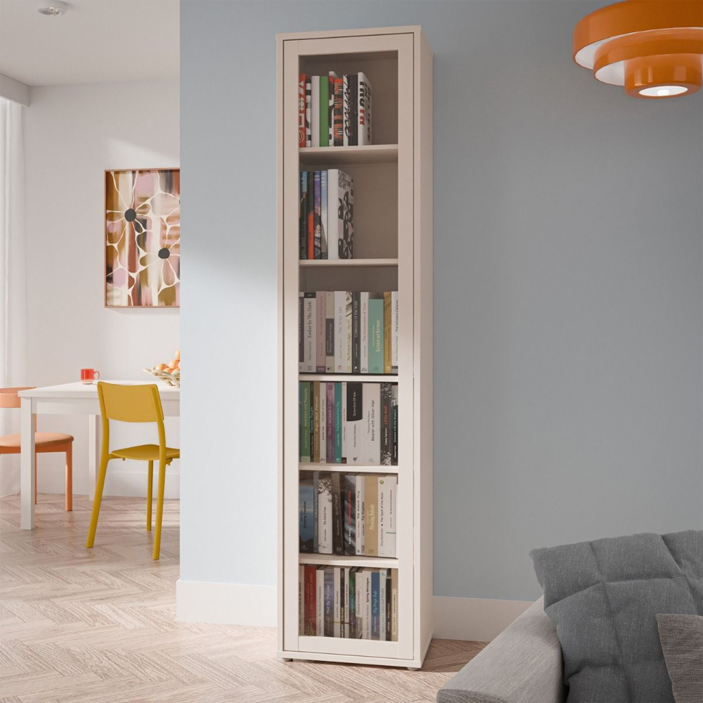 Ansley Tall Wooden Display Cabinet with 1 Glass Door in Sand