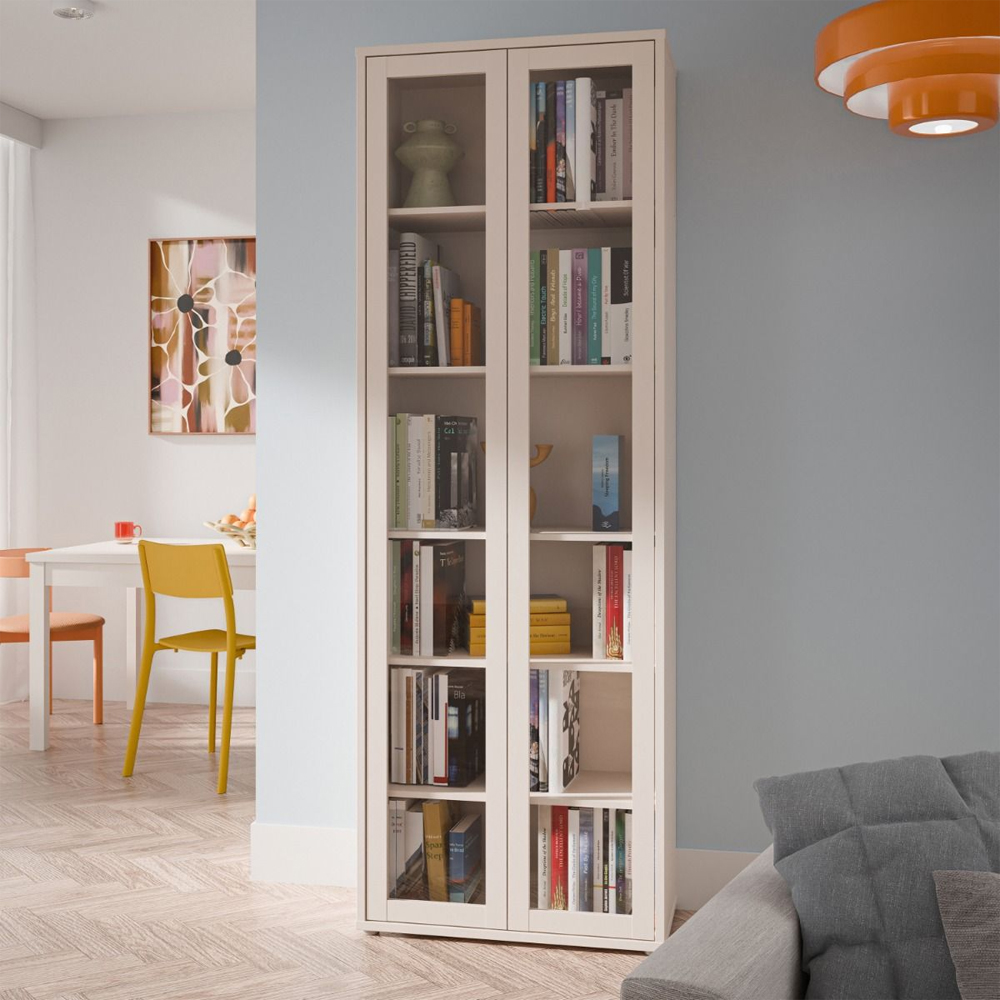 Ansley Tall Wooden Display Cabinet with 2 Glass Doors in Sand