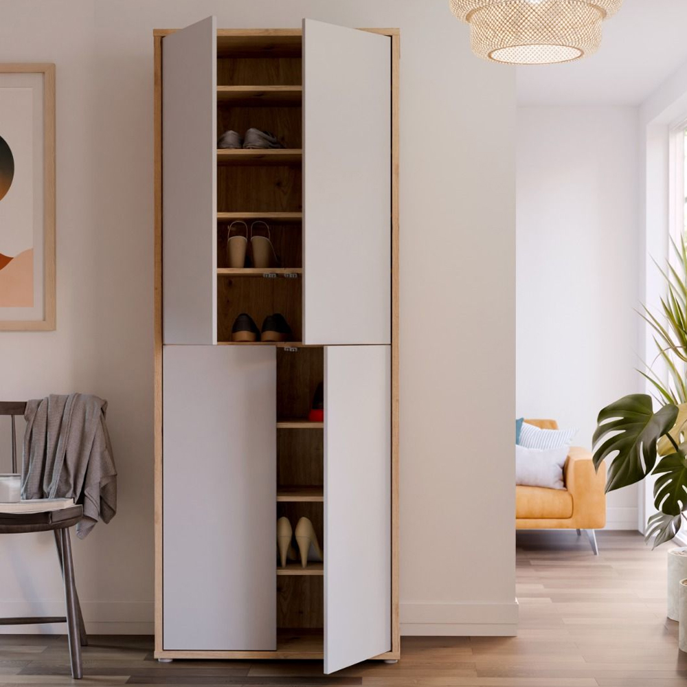 Ansley Wall Wooden Shoe Storage Cabinet with 4 Doors in Artisan Oak and Light Grey