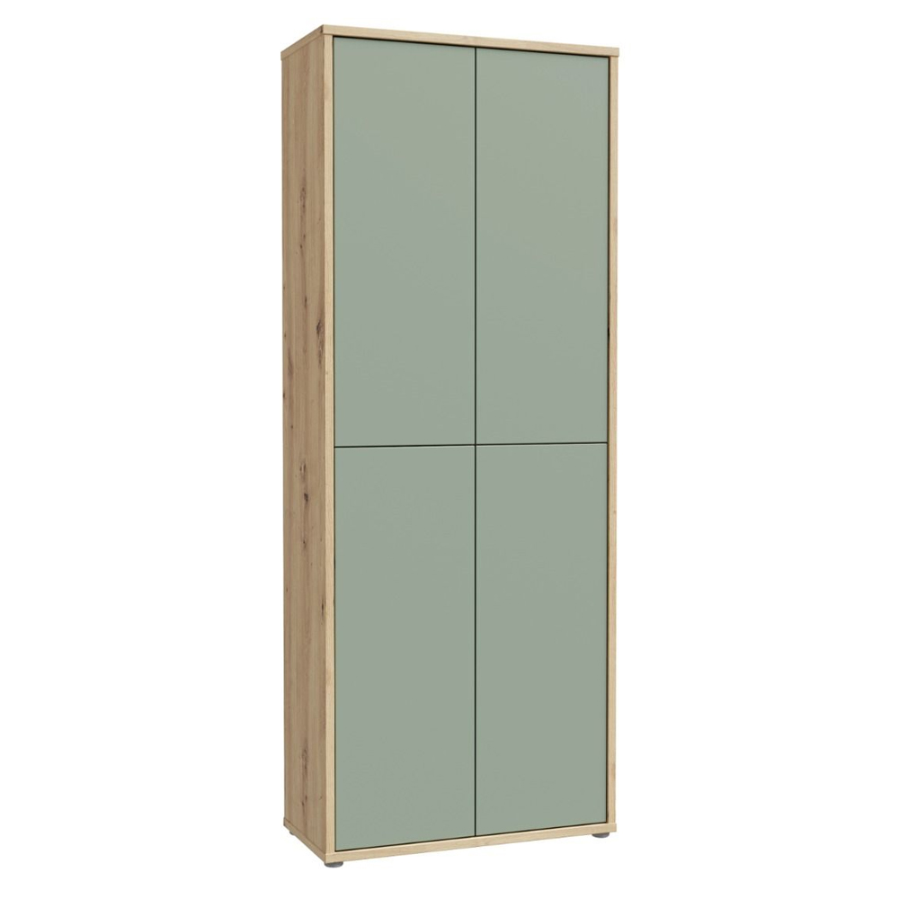 Ansley Wall Wooden Shoe Storage Cabinet with 4 Doors in Artisan Oak and Sage Green
