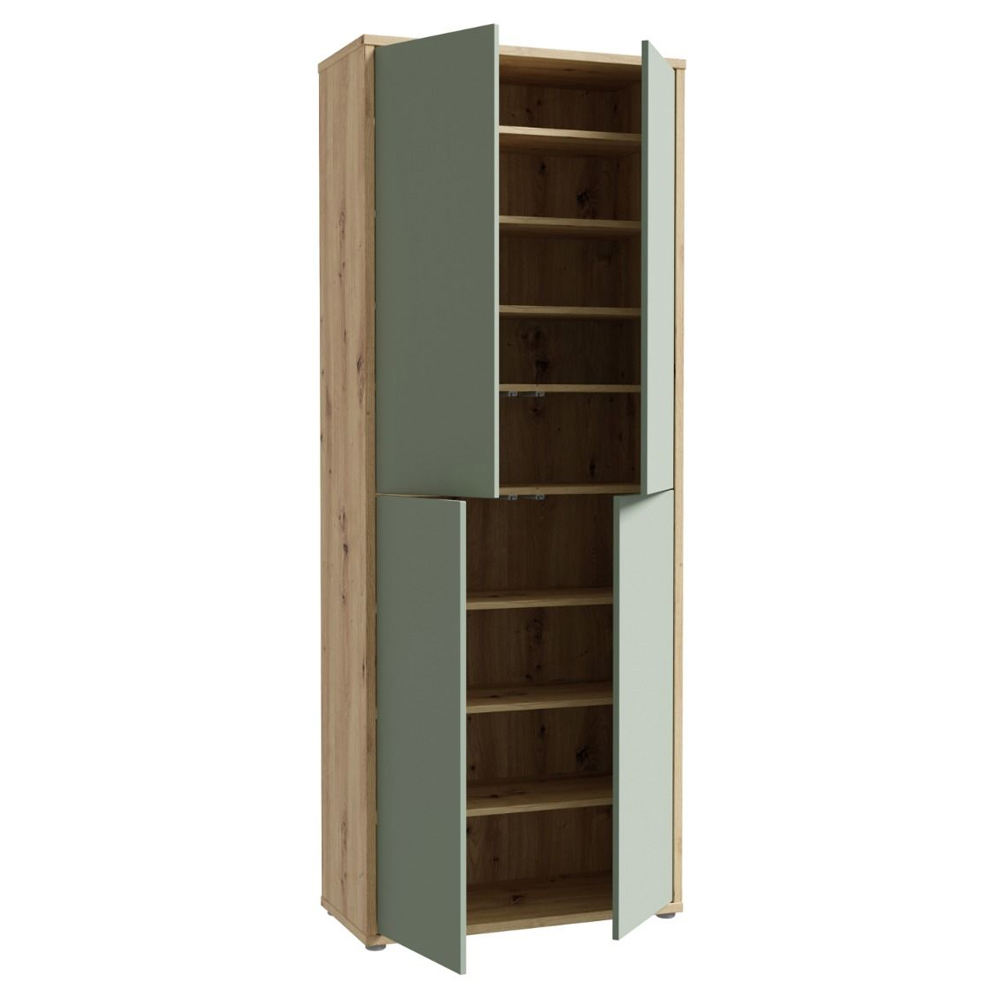 Ansley Wall Wooden Shoe Storage Cabinet with 4 Doors in Artisan Oak and Sage Green