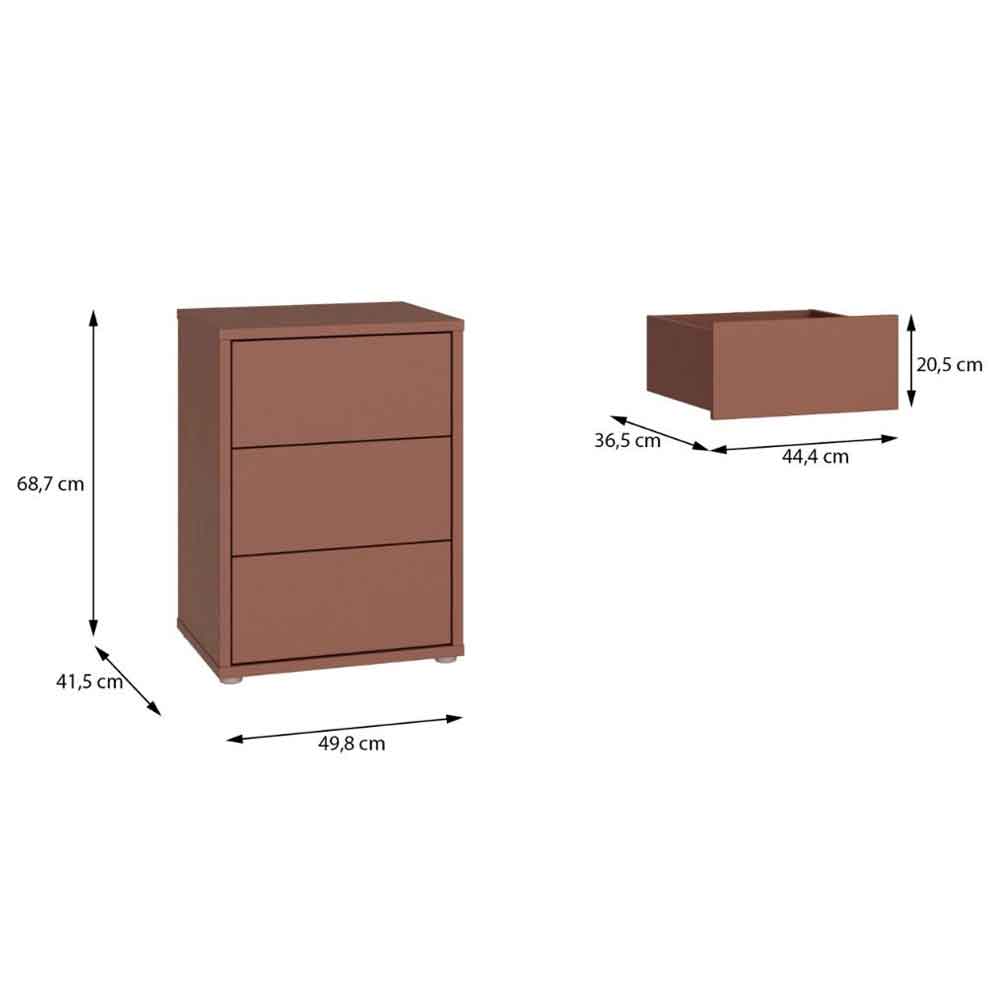 Ansley Wooden Bedside Cabinet with 3 Drawers in Terracotta