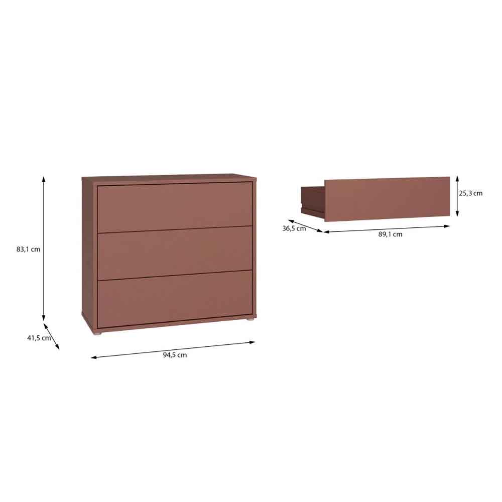 Ansley Wooden Chest of 3 Drawers in Terracotta