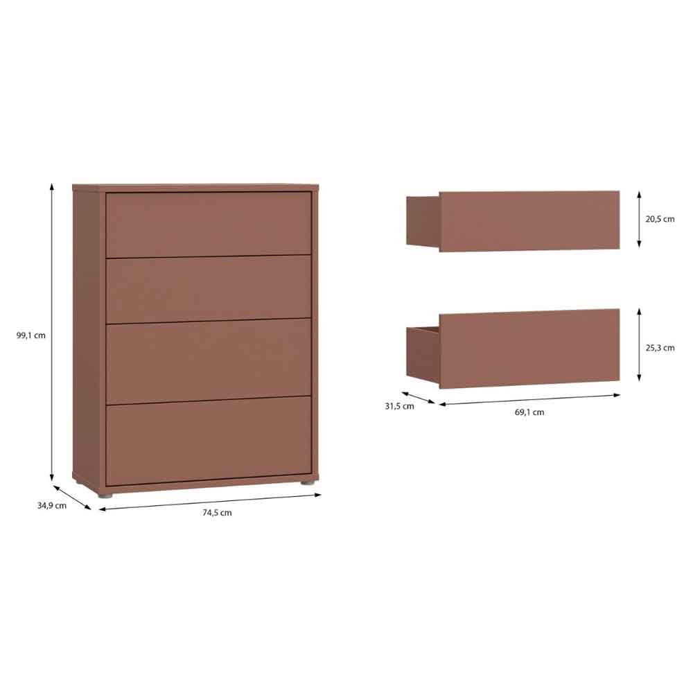 Ansley Wooden Chest of 4 Drawers in Terracotta