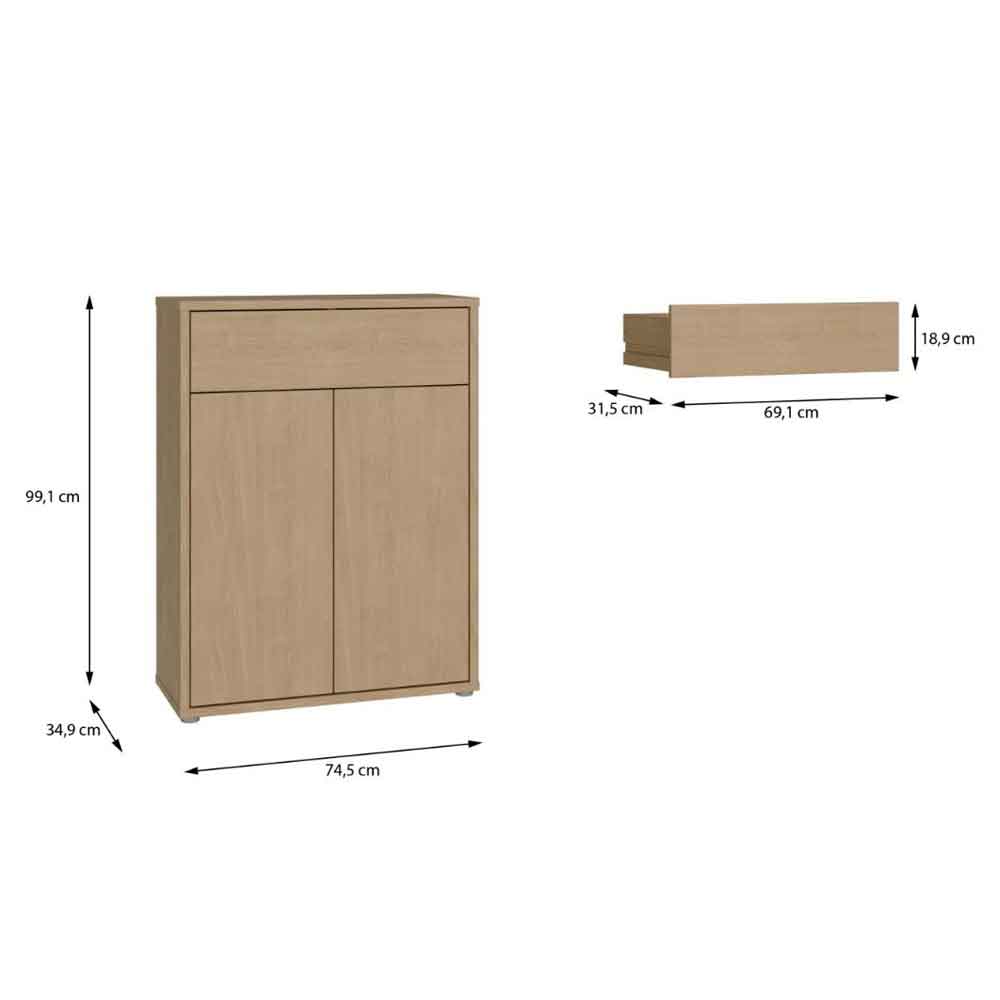 Ansley Wooden Compact Shoe Storage Cabinet with 2 Doors and 1 Drawer in Elegancia Oak