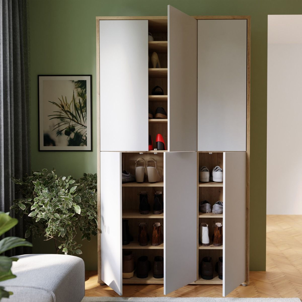 Ansley Wooden Shoe Storage Cabinet with 6 Light Grey Doors in Artisan Oak