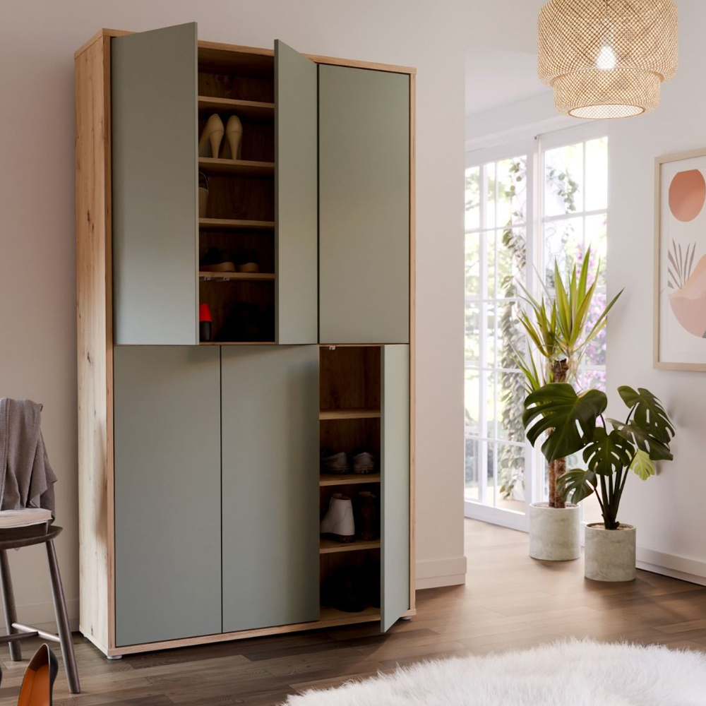 Ansley Wooden Shoe Storage Cabinet with 6 Sage Green Doors in Artisan Oak