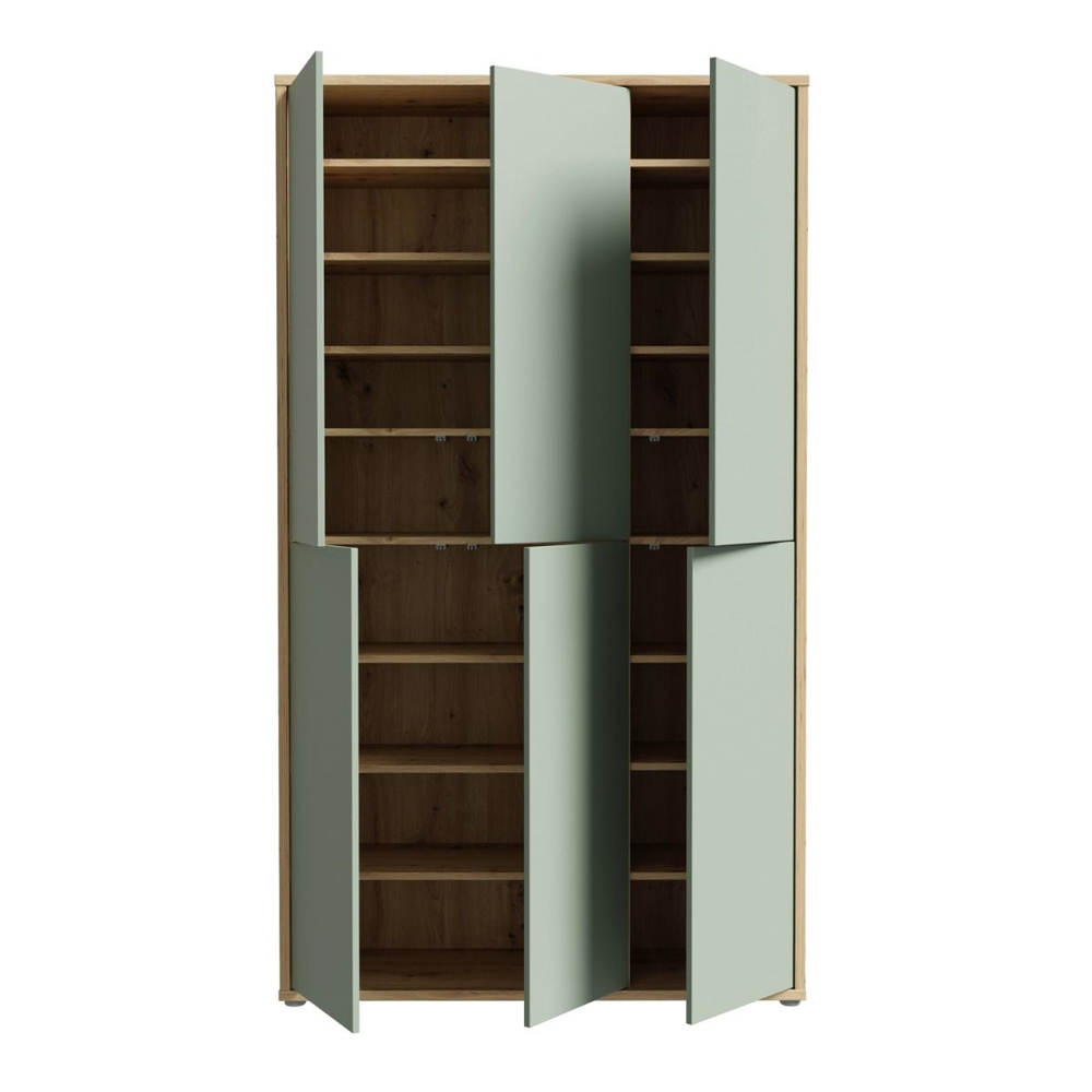 Ansley Wooden Shoe Storage Cabinet with 6 Sage Green Doors in Artisan Oak