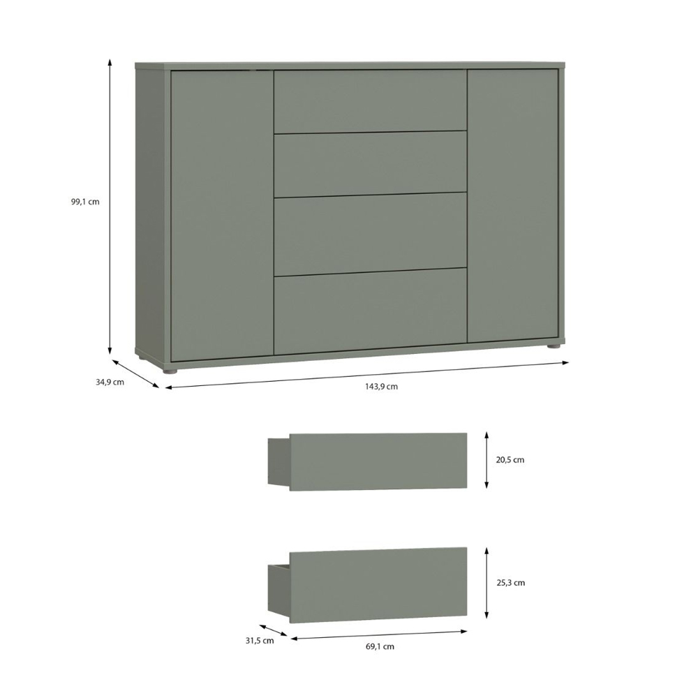 Ansley Wooden Sideboard with 2 Doors 4 Drawers in Sage Green