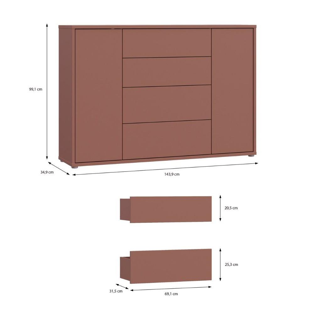 Ansley Wooden Sideboard with 2 Doors 4 Drawers in Terracotta