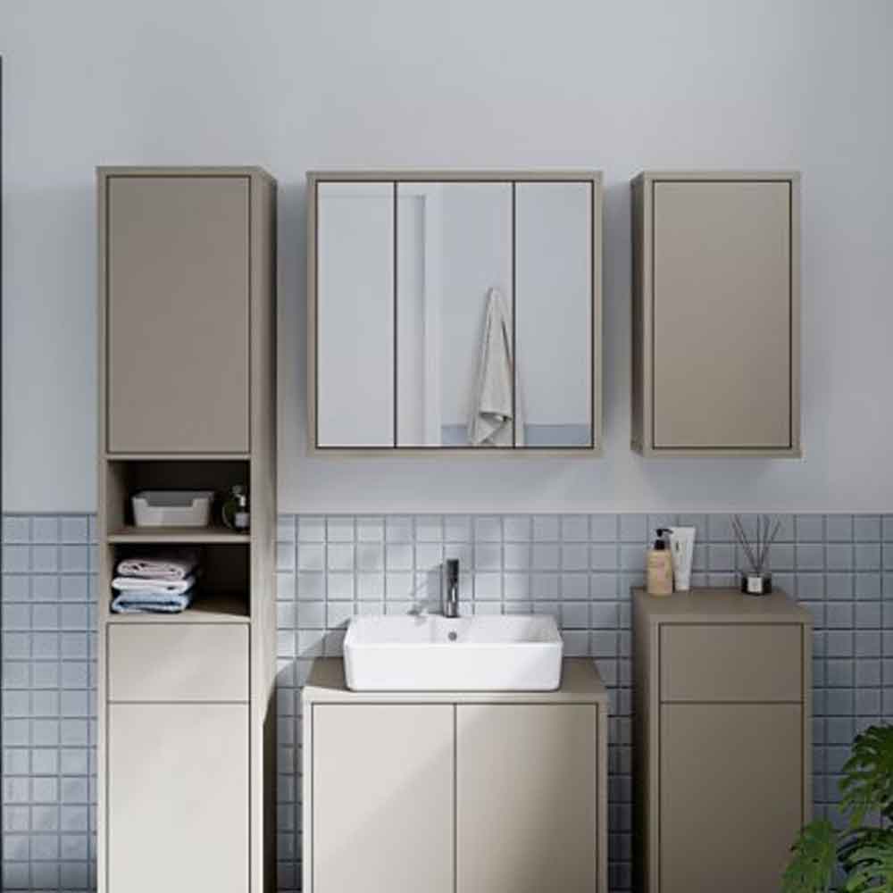 Ansley Wooden Wall Mounted Bathroom Mirror Cabinet with 3 Doors in Taupe