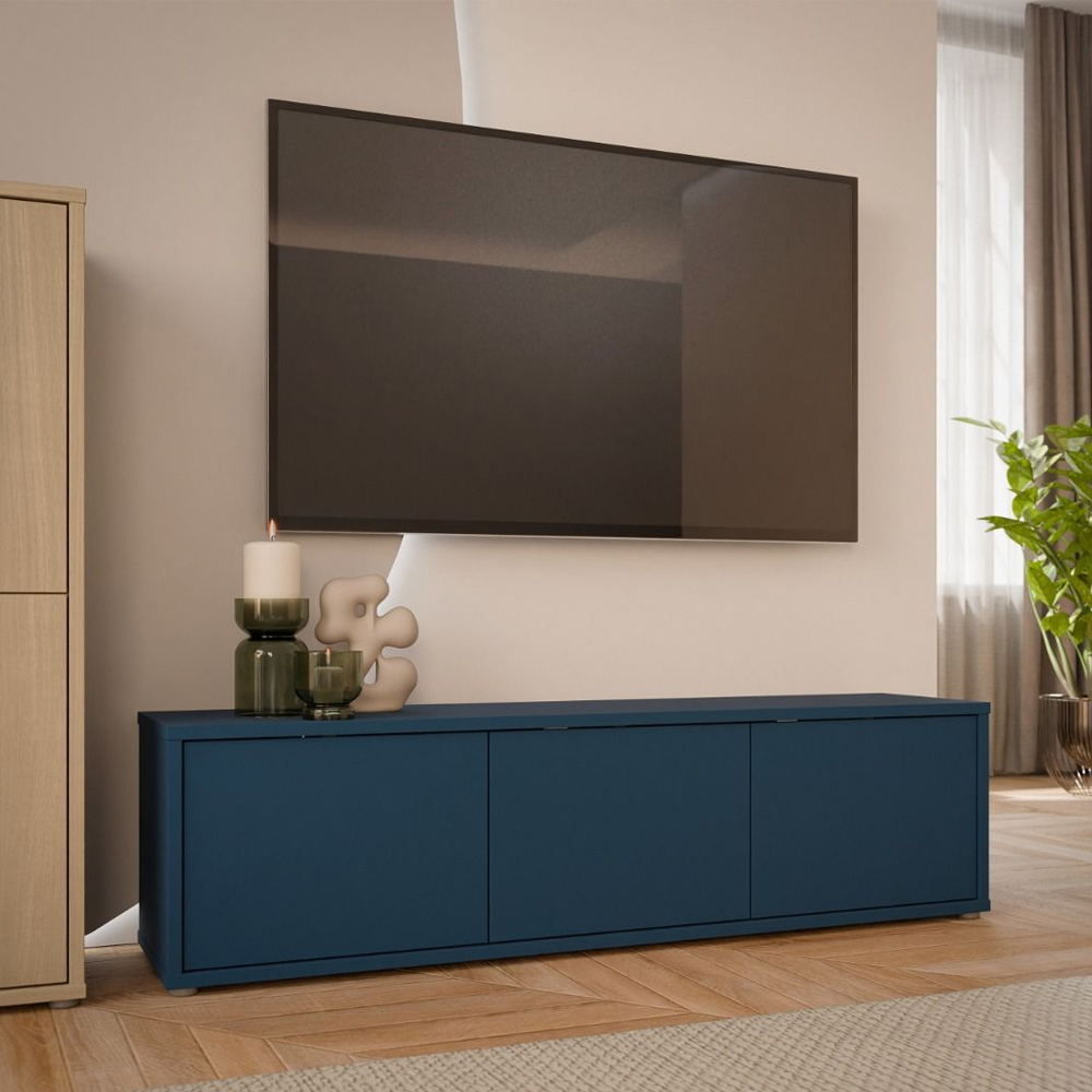 Ansley Wooden Wall Mounted TV Stand with 3 Doors in Night Blue