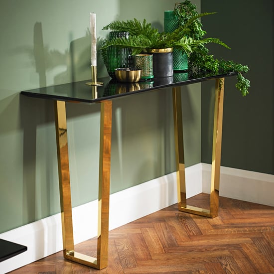Product photograph of Antebi High Gloss Console Table With Gold Legs In Black from Furniture in Fashion