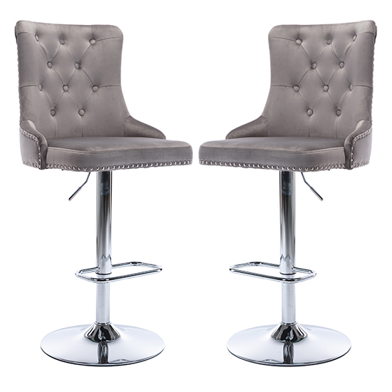 Product photograph of Antrim Silver Grey Velvet Fabric Bar Stools In Pair from Furniture in Fashion