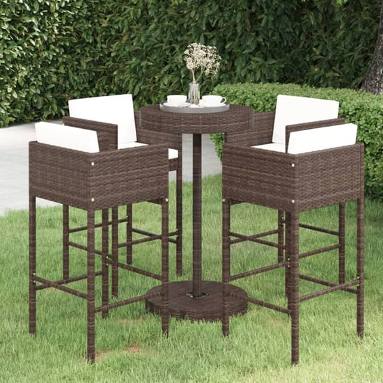 Photo of Anya large poly rattan bar table with 4 avyanna chairs in brown