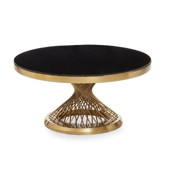 Product photograph of Anza Round Black Glass Coffee Table With Gold Metal Base from Furniture in Fashion