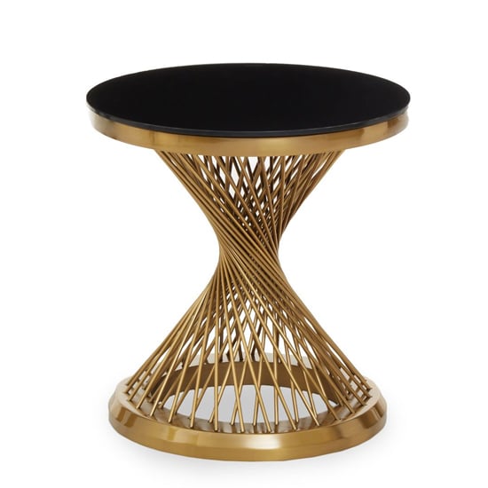 Product photograph of Anza Round Black Glass Side Table With Gold Metal Base from Furniture in Fashion