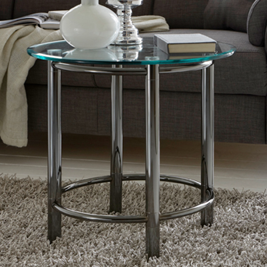 Read more about Apache round glass side table with dark chrome metal legs