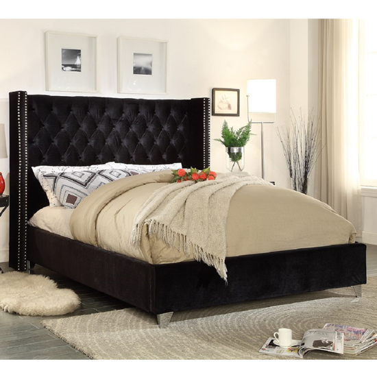 Apopka Plush Velvet Upholstered Double Bed In Black