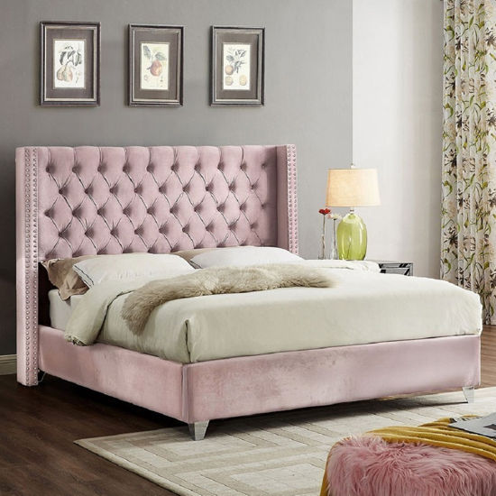 Read more about Apopka plush velvet upholstered double bed in pink