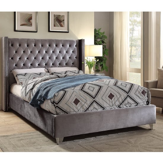 Photo of Apopka plush velvet upholstered double bed in steel