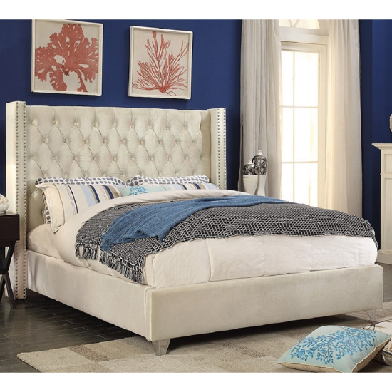 Read more about Apopka plush velvet upholstered king size bed in cream