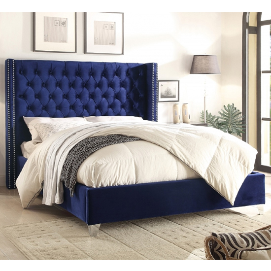 Read more about Apopka plush velvet upholstered super king size bed in blue