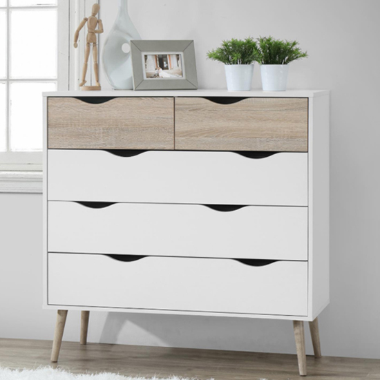 Appleton Wooden Chest Of 5 Drawers In White And Oak Effect
