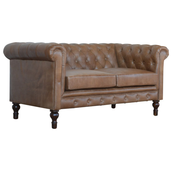 Aqua Leather 2 Seater Chesterfield Sofa In Brown