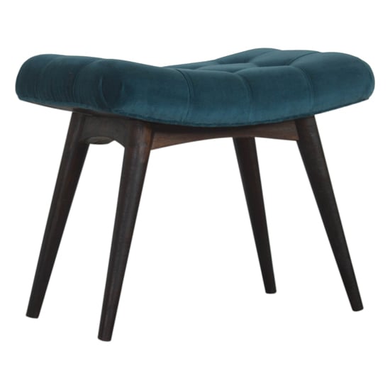 Read more about Aqua velvet curved hallway bench in teal and walnut