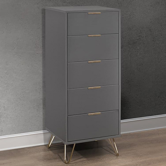 Product photograph of Aral Narrow Wooden Chest Of 5 Drawers In Charcoal from Furniture in Fashion