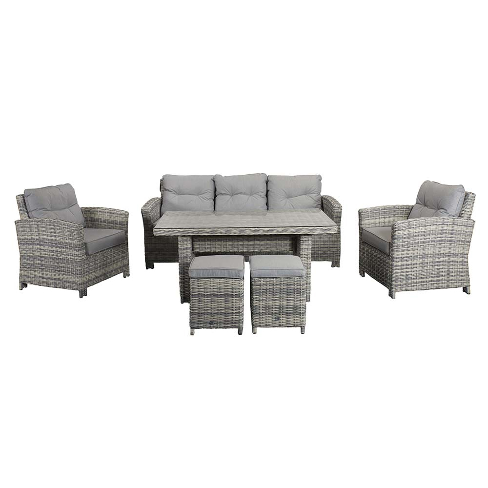 Arax Glass Top Garden Sofa Dining Set With 2 Ottomans In Grey