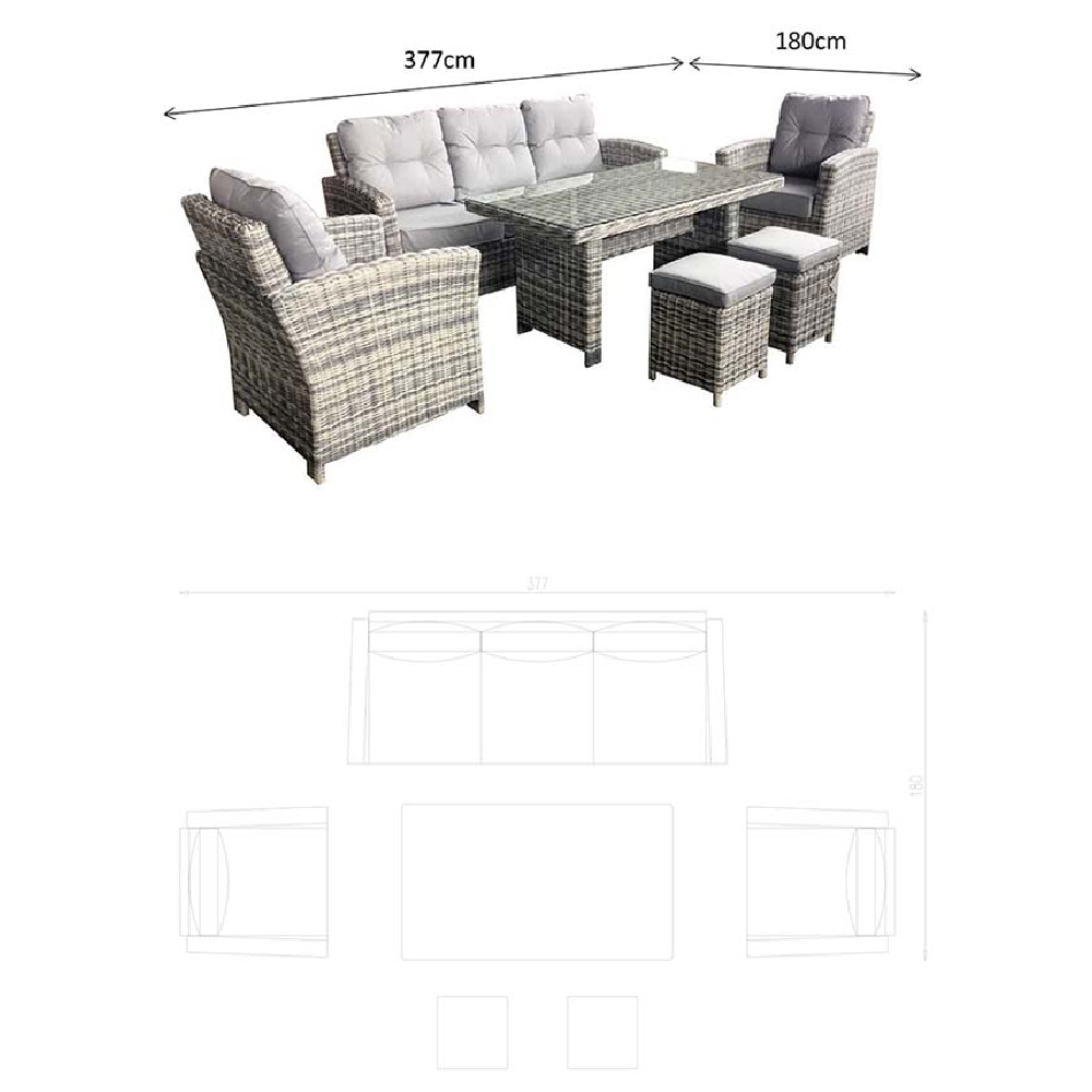 Arax Glass Top Garden Sofa Dining Set With 2 Ottomans In Grey