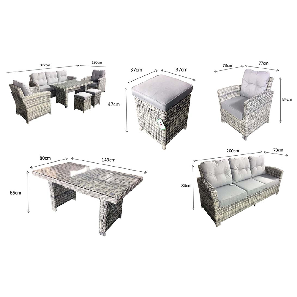 Arax Glass Top Garden Sofa Dining Set With 2 Ottomans In Grey