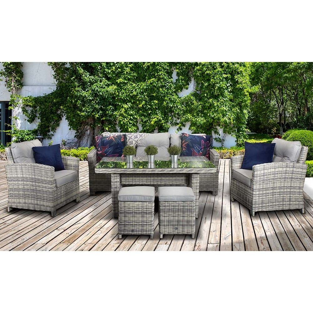 Arax Glass Top Garden Sofa Dining Set With 2 Ottomans In Grey