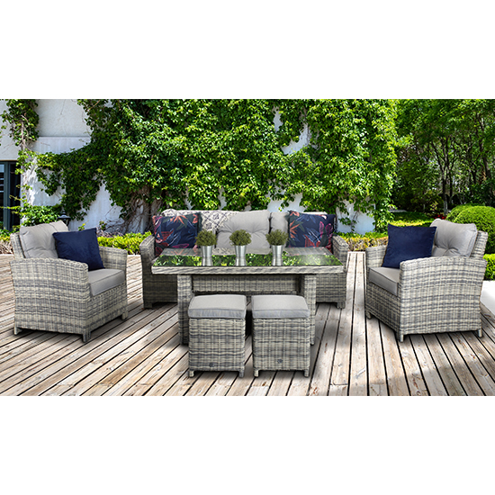 Product photograph of Arax Outdoor 7 Seater Sofa Dining Set With Stools In Fine Grey from Furniture in Fashion