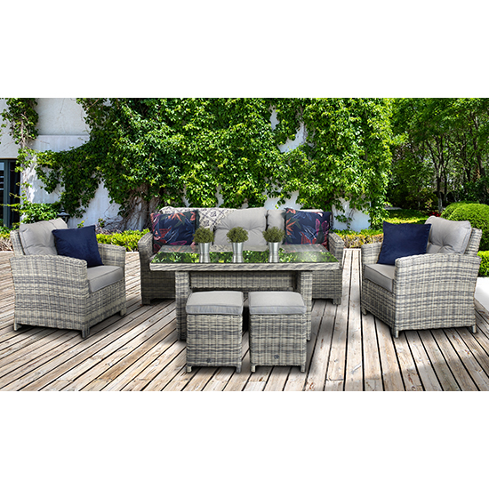 Arax Outdoor 7 Seater Sofa Dining Set With Stools In Fine Grey