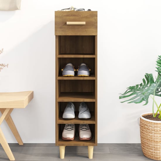 Photo of Arcadia wooden shoe storage rack with 1 drawer in brown oak