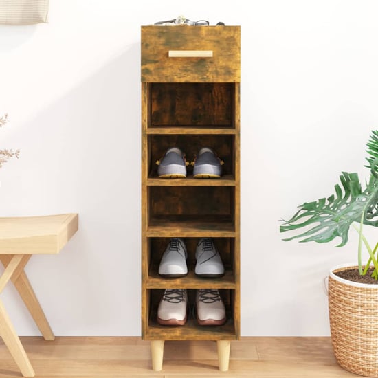 Product photograph of Arcadia Wooden Shoe Storage Rack With 1 Drawer In Smoked Oak from Furniture in Fashion