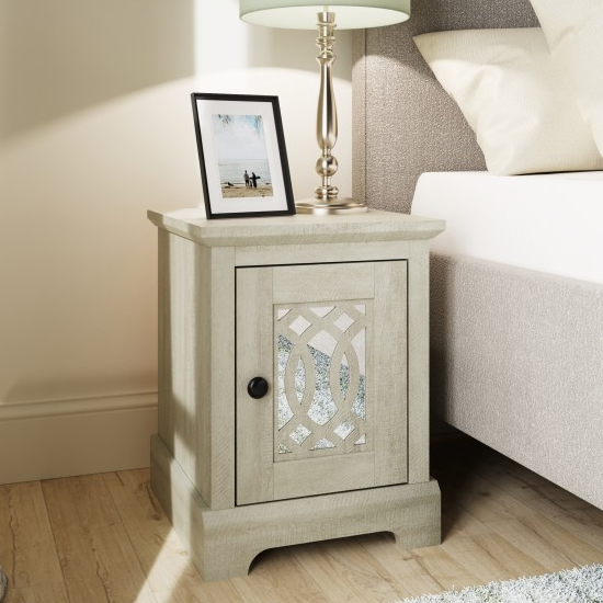 Product photograph of Arcata Wooden Bedside Cabinet 1 Mirrored Door In Dusty Grey Oak from Furniture in Fashion