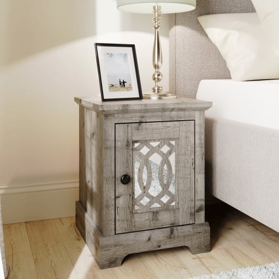 Product photograph of Arcata Wooden Bedside Cabinet 1 Mirrored Door In Mexican Grey from Furniture in Fashion