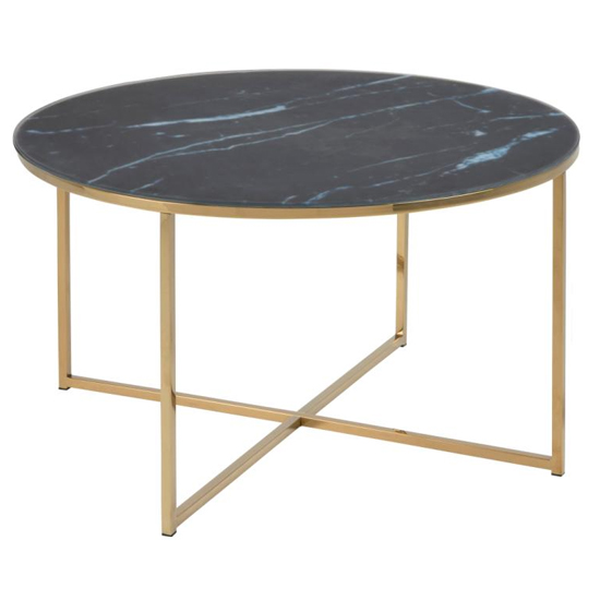 Arcata Black Marble Effect Glass Coffee, Black Marble Side Table With Gold Legs